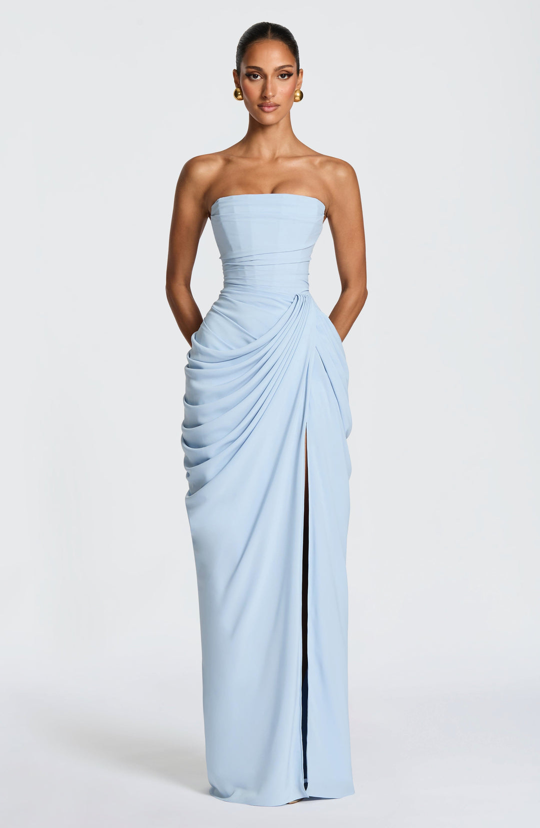 Remi | Women's Strapless Maxi Dress with Ruched Waist, Draped Evening Dress | The Shrader Sisters | Light Blue