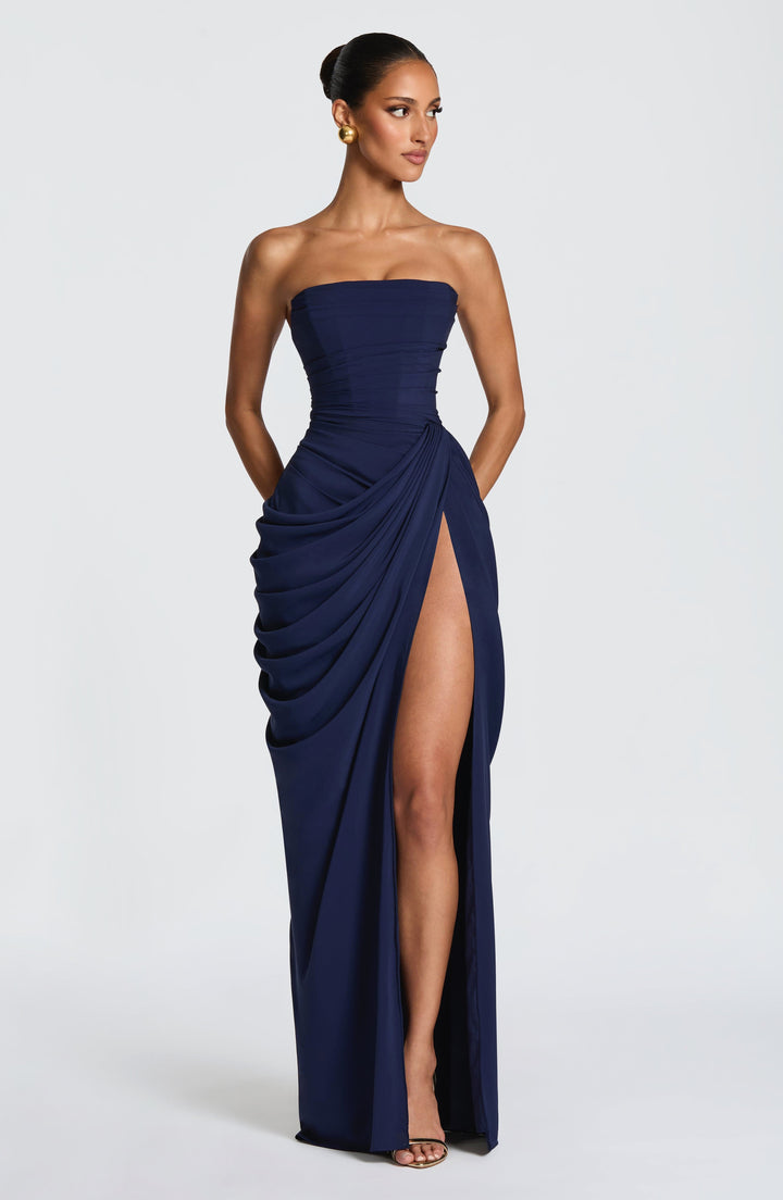 Remi | Women's Strapless Maxi Dress with Ruched Waist, Draped Evening Dress | The Shrader Sisters | Navy