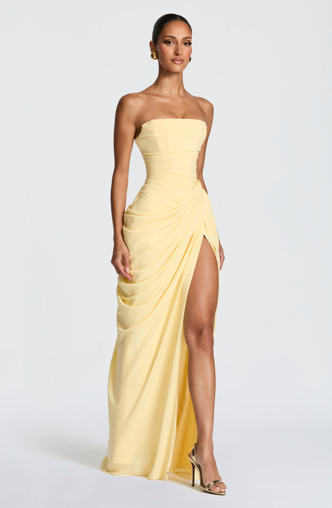 Remi | Women's Strapless Maxi Dress with Ruched Waist, Draped Evening Dress | The Shrader Sisters