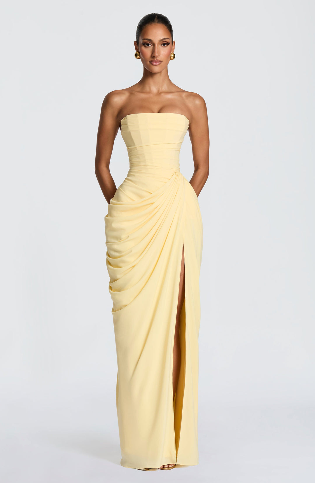 Remi | Women's Strapless Maxi Dress with Ruched Waist, Draped Evening Dress | The Shrader Sisters