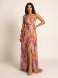 Renee | Women's Watercolour Print Maxi Dress, V-Neck Occasion Dress | The Shrader Sisters | Oranje