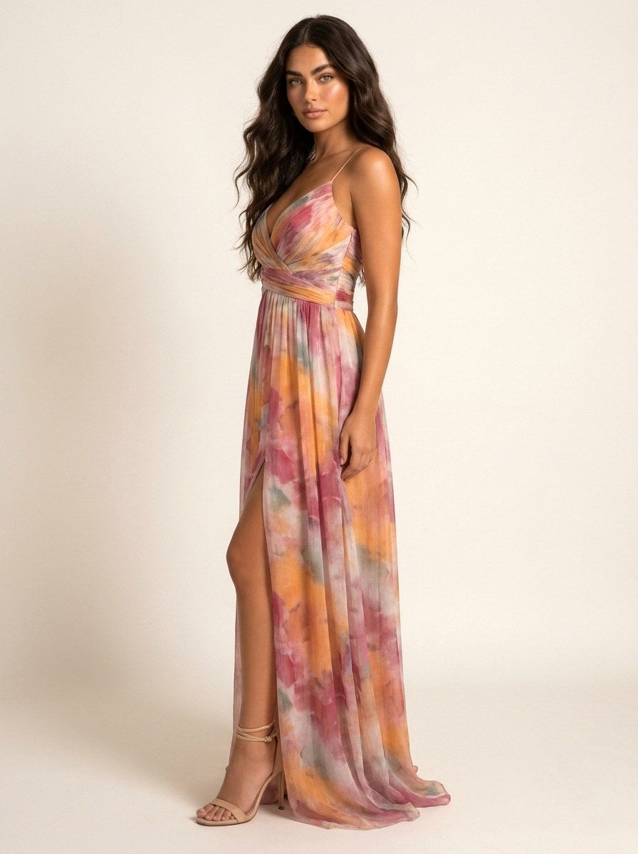 Renee | Women's Watercolour Print Maxi Dress, V-Neck Occasion Dress | The Shrader Sisters | Groen