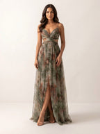 Renee | Women's Watercolour Print Maxi Dress, V-Neck Occasion Dress | The Shrader Sisters | Geel