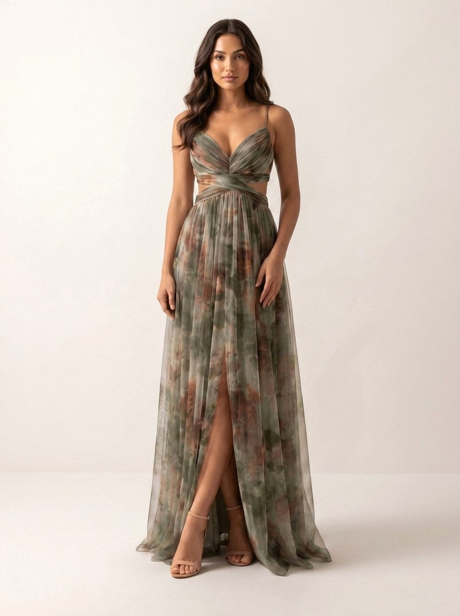 Renee | Women's Watercolour Print Maxi Dress, V-Neck Occasion Dress | The Shrader Sisters | Geel