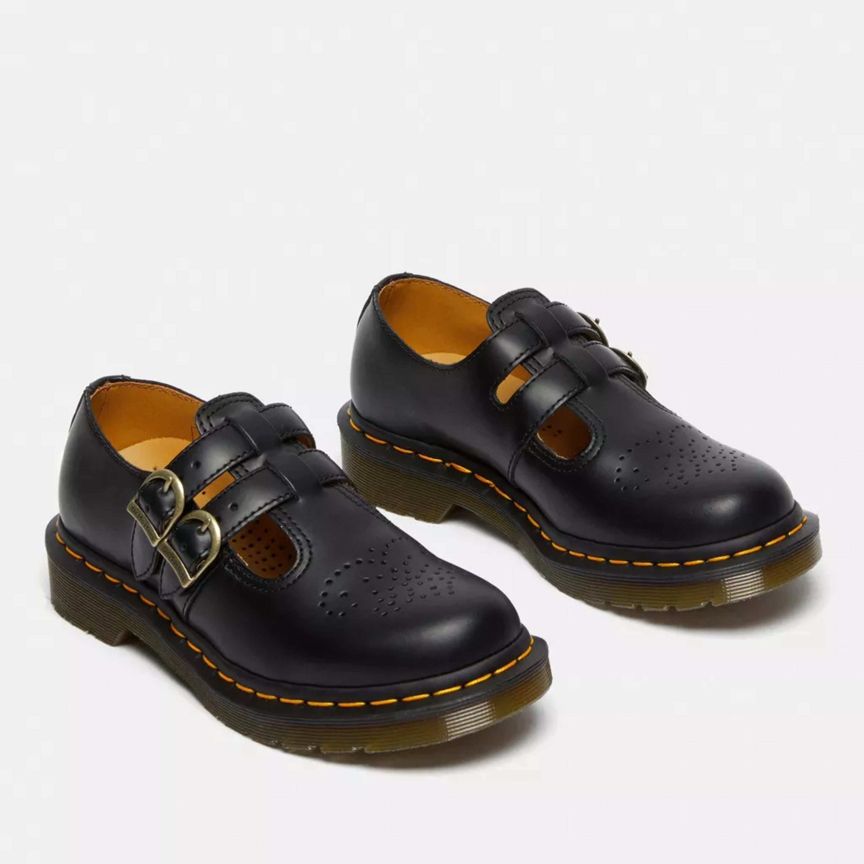 Rhianna | Women's Double Buckle Leather Mary Jane Flats, Perforated Heart Detail Flats | The Shrader Sisters