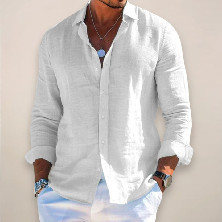 Rhys | Men's Linen Button Shirt, Lightweight Casual Shirt | The Shrader Sisters | Blue