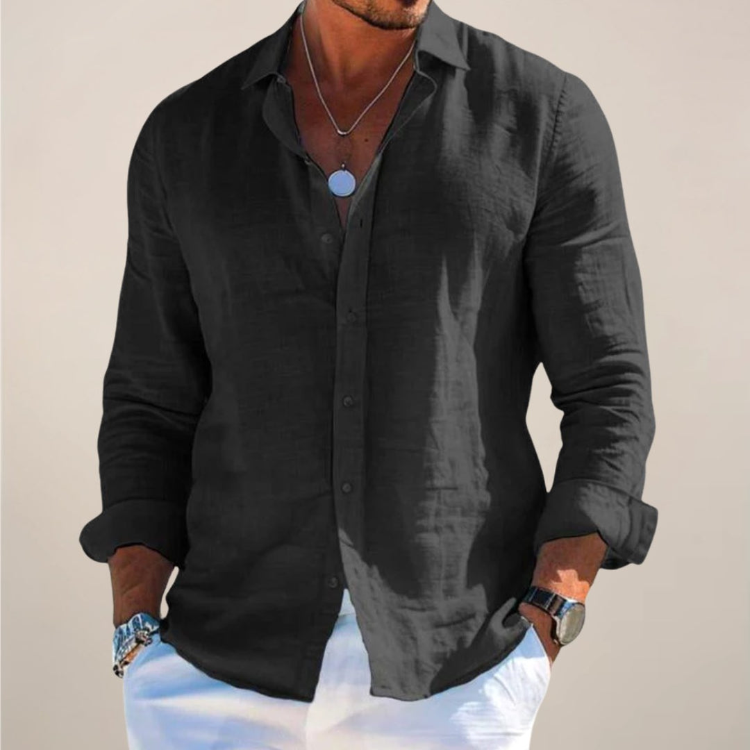 Rhys | Men's Linen Button Shirt, Lightweight Casual Shirt | The Shrader Sisters | Navy Blue