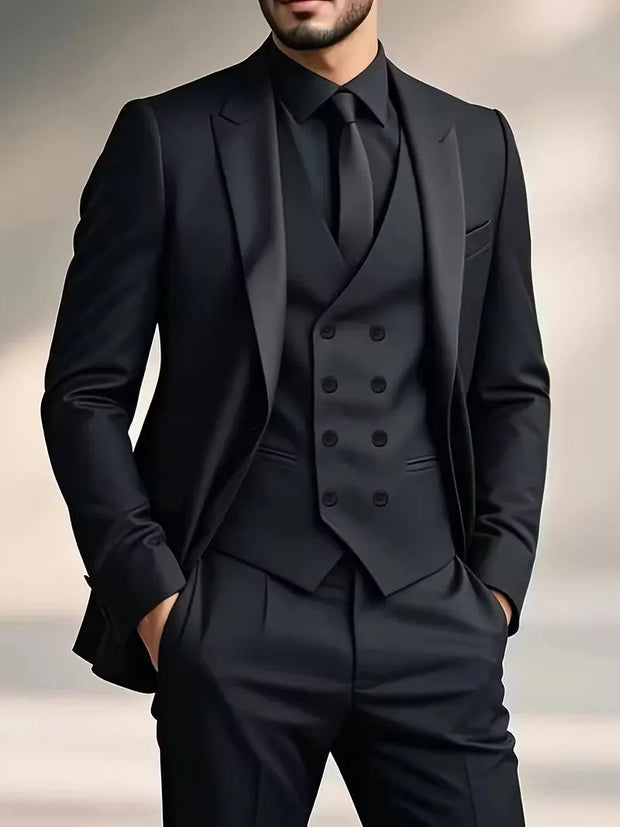 Riley | Men's Slim Fit Three-Piece Suit with Double-Breasted Waistcoat, Tailored Formal Suit | The Shrader Sisters | Black