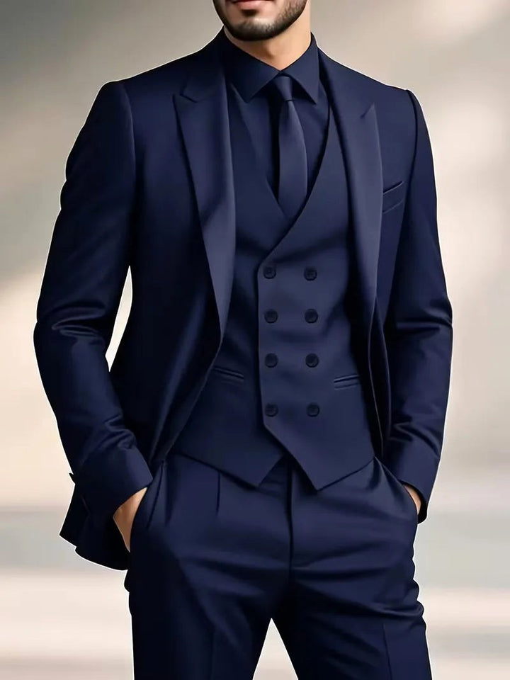 Riley | Men's Slim Fit Three-Piece Suit with Double-Breasted Waistcoat, Tailored Formal Suit | The Shrader Sisters