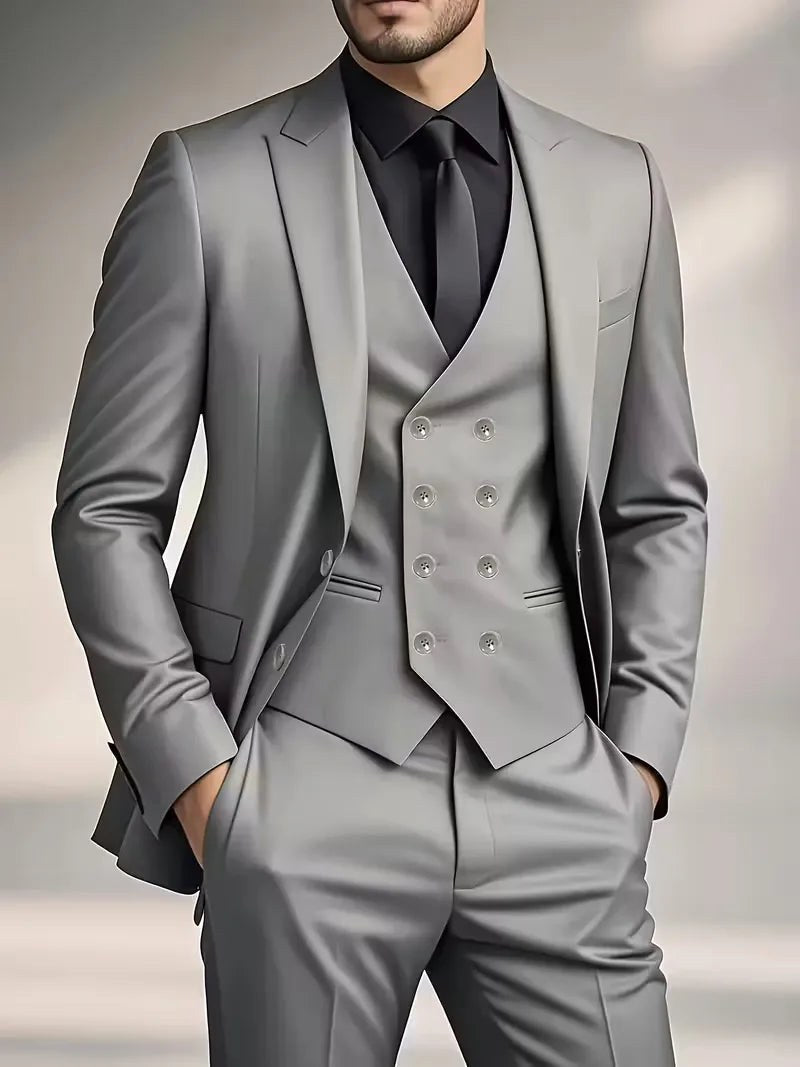 Riley | Men's Slim Fit Three-Piece Suit with Double-Breasted Waistcoat, Tailored Formal Suit | The Shrader Sisters