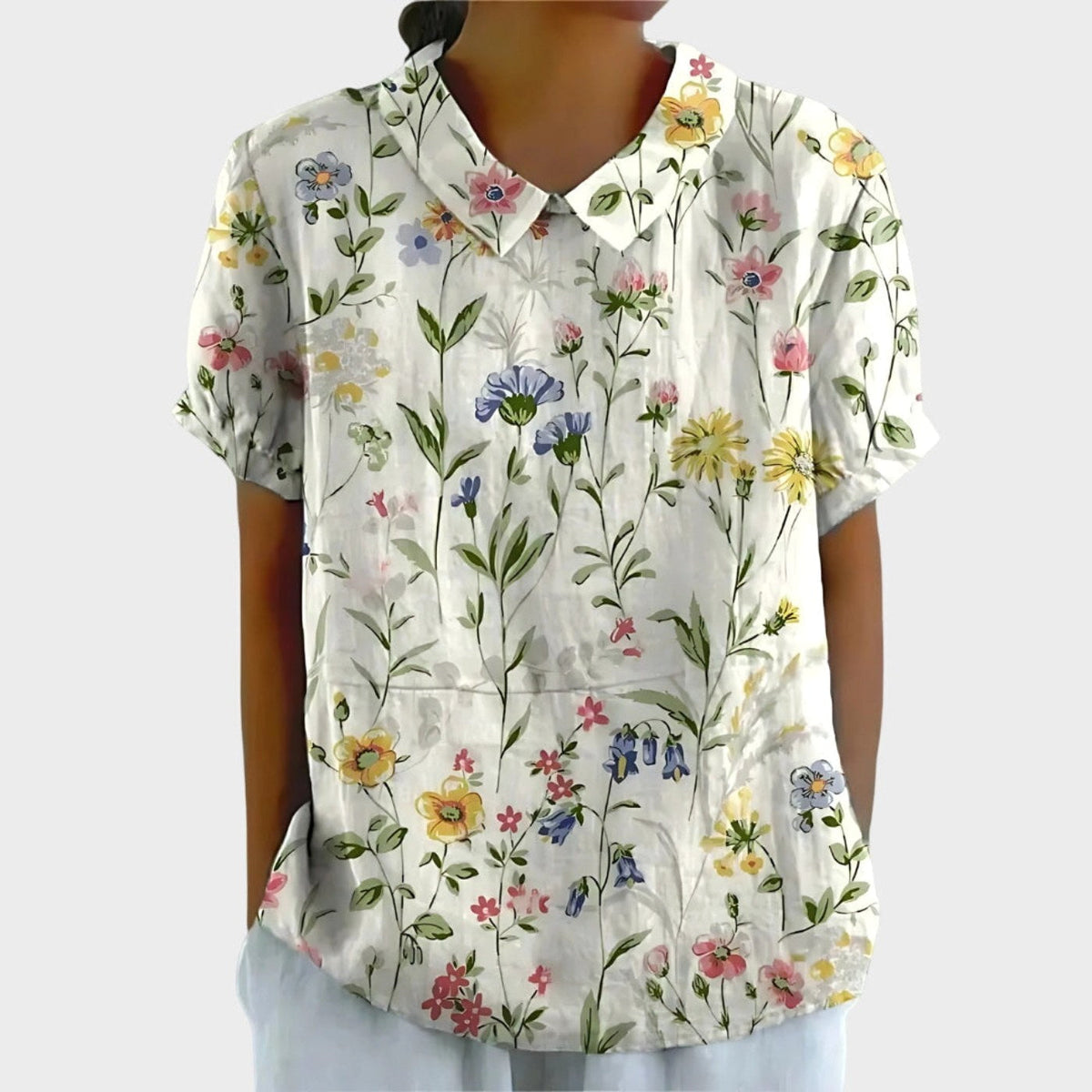 Riley | Women's Linen Floral Print Short Sleeve Blouse, Lightweight Summer Top for Holidays and Casual Wear, Lightweight Summer Top for Holidays and Casual Wear - White