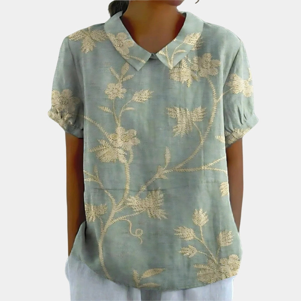 Riley | Women's Linen Floral Print Short Sleeve Blouse, Lightweight Summer Top for Holidays and Casual Wear, Lightweight Summer Top for Holidays and Casual Wear - Sage Green 3