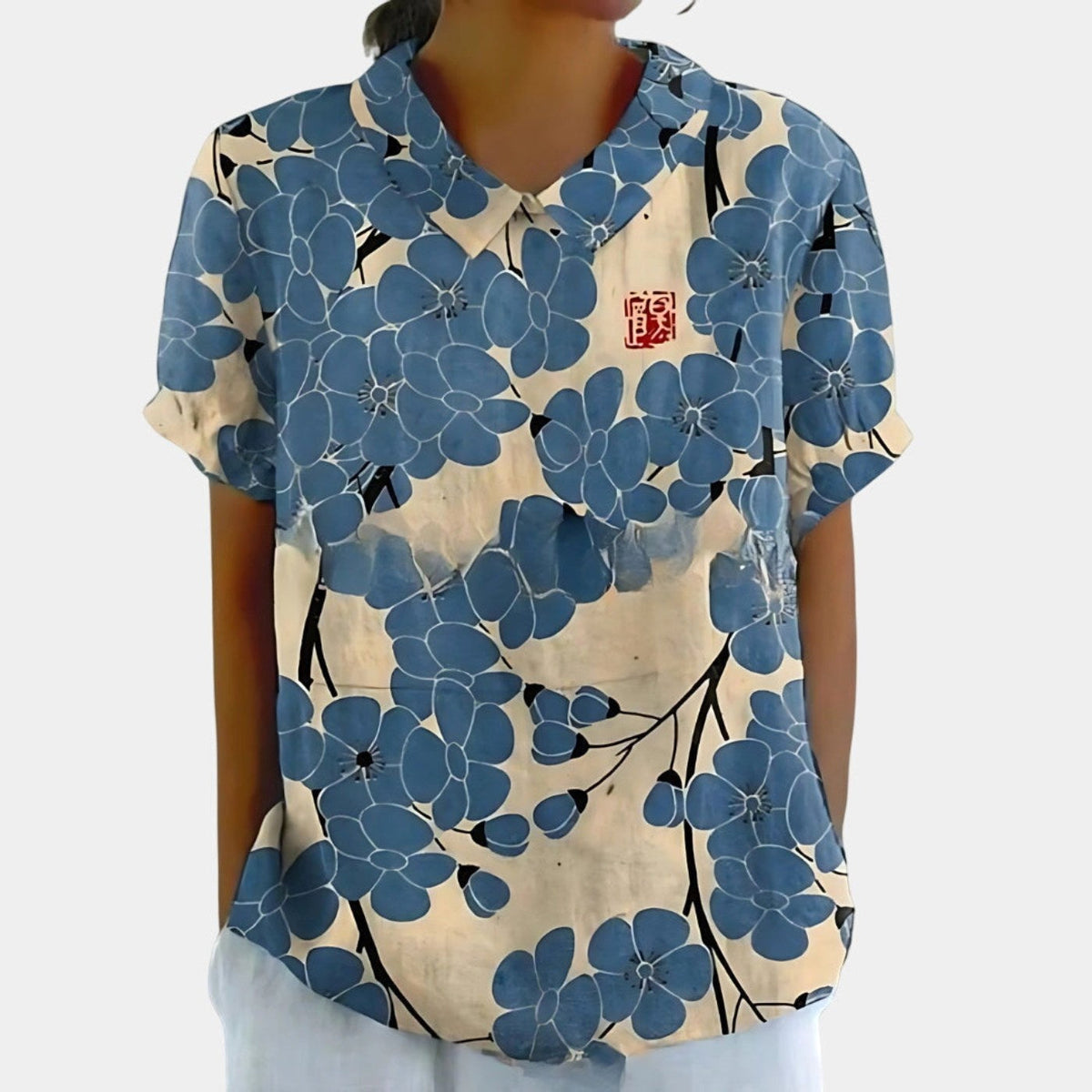 Riley | Women's Linen Floral Print Short Sleeve Blouse, Lightweight Summer Top for Holidays and Casual Wear, Lightweight Summer Top for Holidays and Casual Wear - Dusty Blue