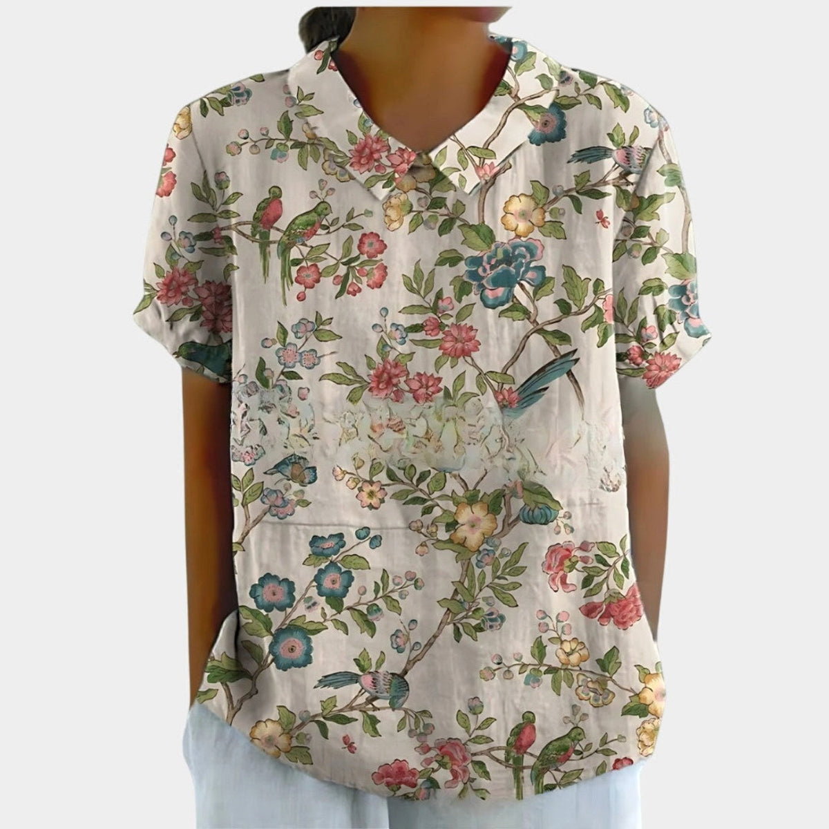 Riley | Women's Linen Floral Print Short Sleeve Blouse, Lightweight Summer Top for Holidays and Casual Wear, Lightweight Summer Top for Holidays and Casual Wear - White 5