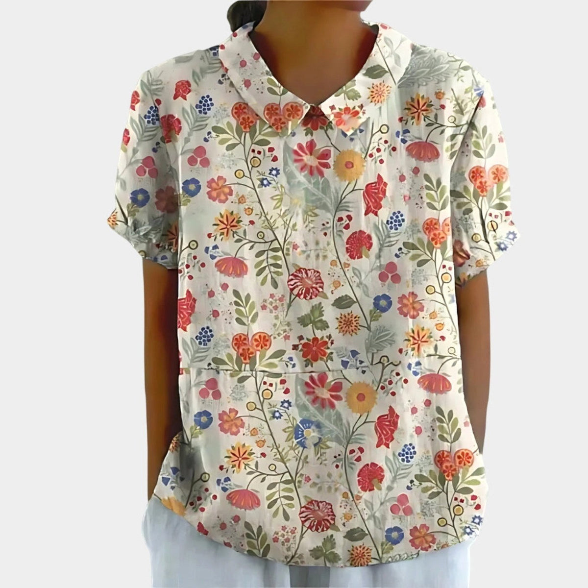 Riley | Women's Linen Floral Print Short Sleeve Blouse, Lightweight Summer Top for Holidays and Casual Wear, Lightweight Summer Top for Holidays and Casual Wear - White 6