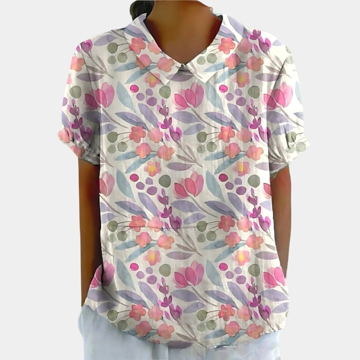 Riley | Women's Linen Floral Print Short Sleeve Blouse, Lightweight Summer Top for Holidays and Casual Wear, Lightweight Summer Top for Holidays and Casual Wear - White 7