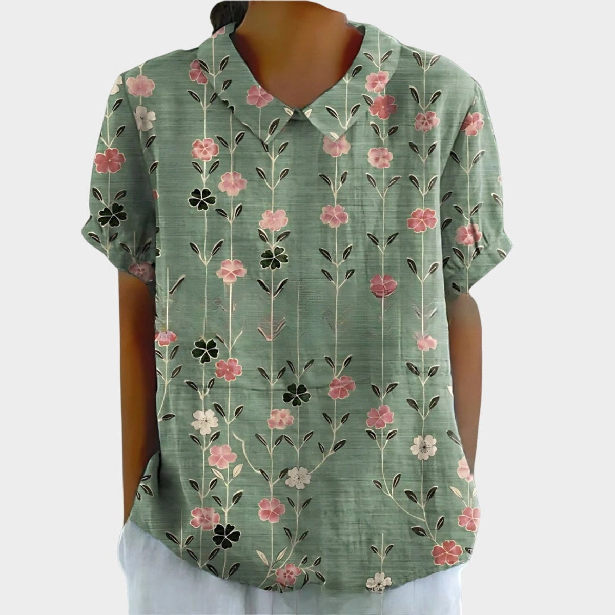 Riley | Women's Linen Floral Print Short Sleeve Blouse, Lightweight Summer Top for Holidays and Casual Wear, Lightweight Summer Top for Holidays and Casual Wear - Sage Green