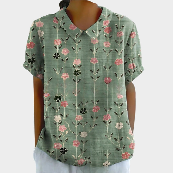 Riley | Women's Linen Floral Print Short Sleeve Blouse - Sage Green