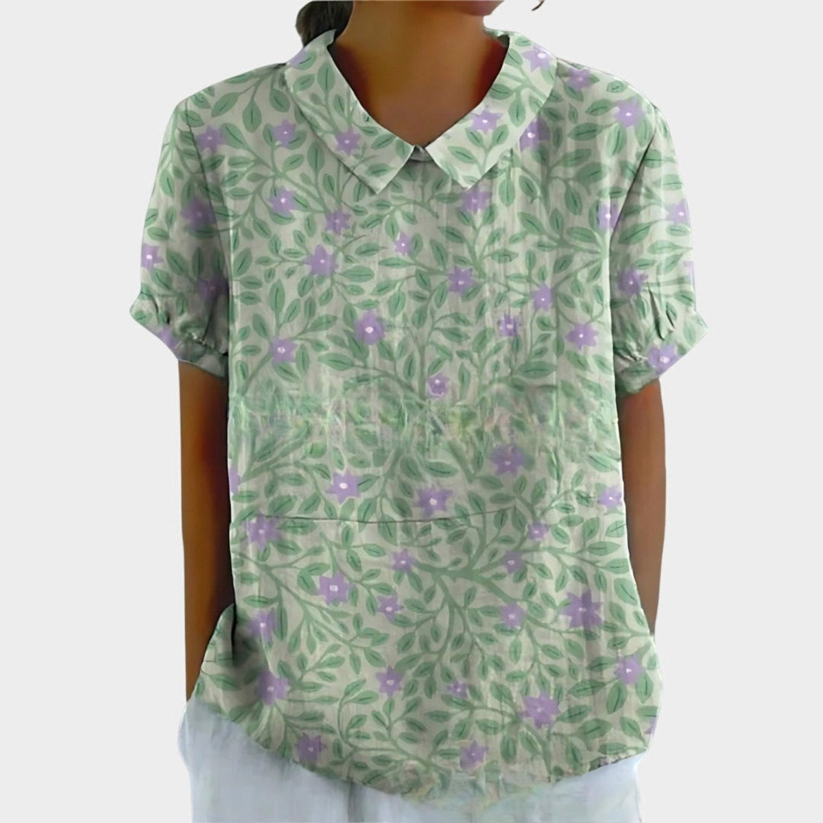 Riley | Women's Linen Floral Print Short Sleeve Blouse, Lightweight Summer Top for Holidays and Casual Wear, Lightweight Summer Top for Holidays and Casual Wear - Sage Green 2