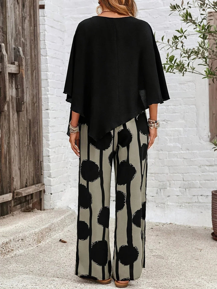 Romy | Women's Asymmetric Top and Printed Trousers Co-Ord Set, Two-Piece Set | The Shrader Sisters
