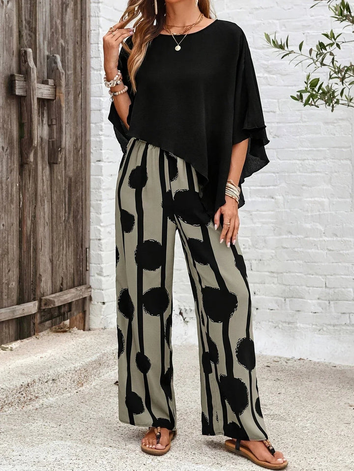 Romy | Women's Asymmetric Top and Printed Trousers Co-Ord Set, Two-Piece Set | The Shrader Sisters