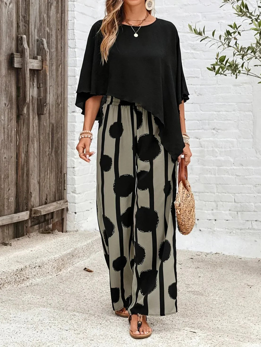 Romy | Women's Asymmetric Top and Printed Trousers Co-Ord Set, Two-Piece Set | The Shrader Sisters