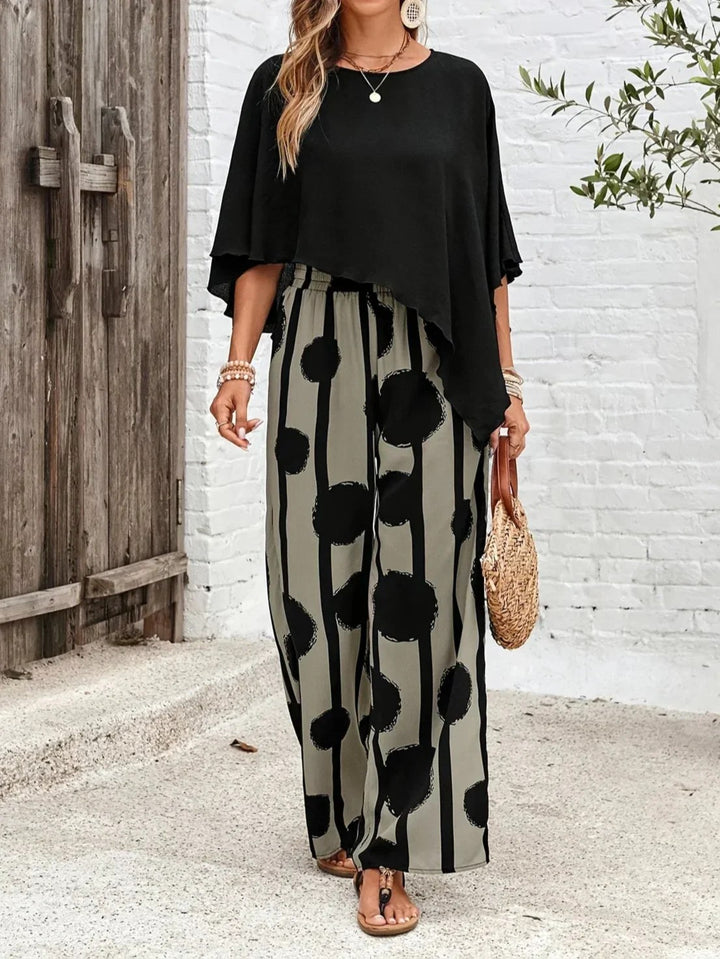 Romy | Women's Asymmetric Top and Printed Trousers Co-Ord Set, Two-Piece Set | The Shrader Sisters