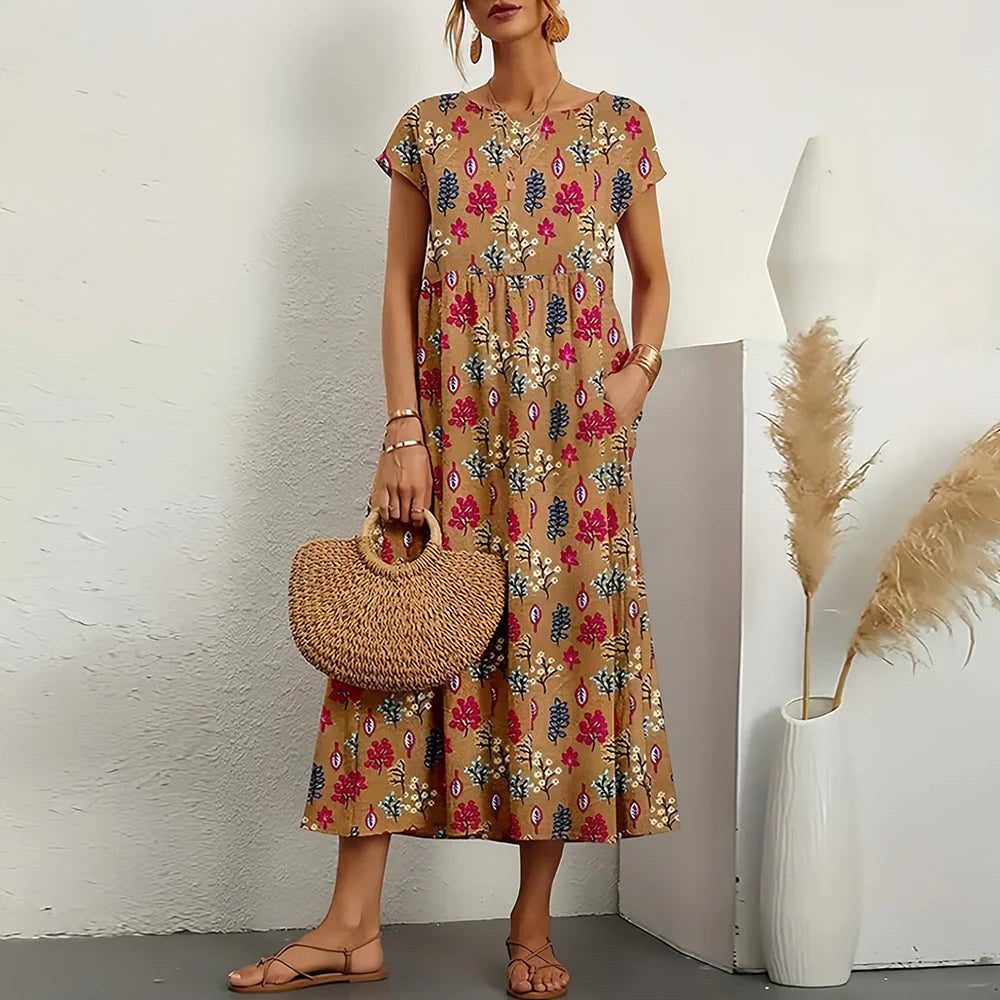 Rosalie | Women's Floral Midi Dress with Pockets - Khaki