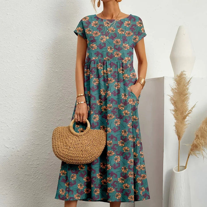 Rosalie | Women's Floral Midi Dress with Pockets - Dark Green
