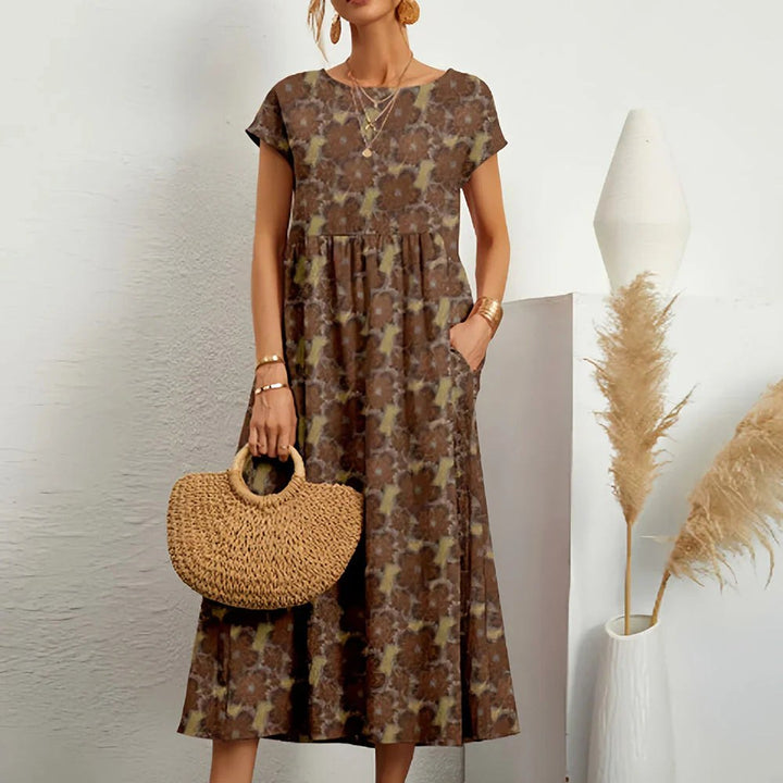 Rosalie | Women's Floral Midi Dress with Pockets - Brown