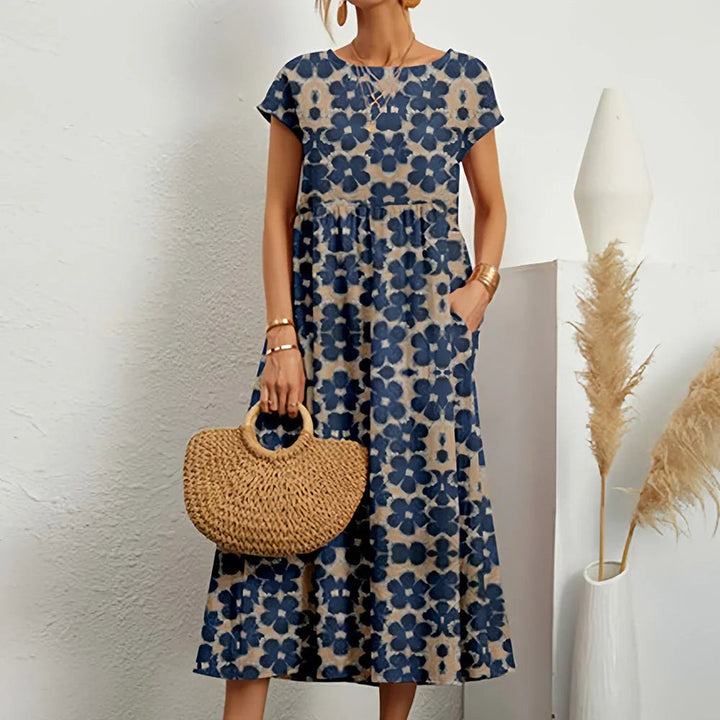 Rosalie | Women's Floral Midi Dress with Pockets - Blue
