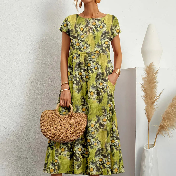 Rosalie | Women's Floral Midi Dress with Pockets - Yellow