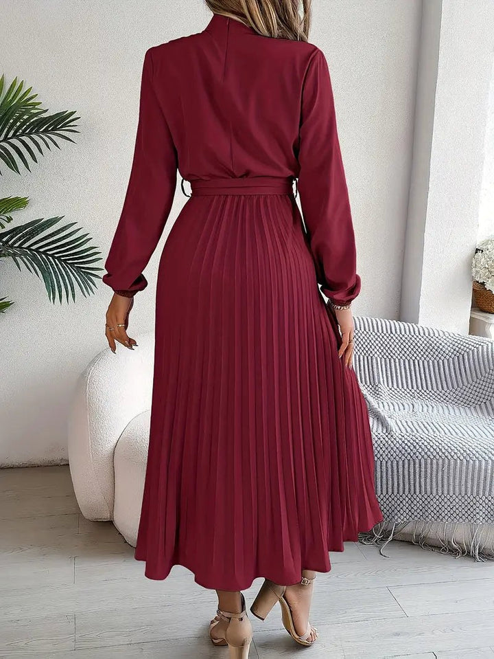Rosalie | Women's Long Sleeve Pleated Belted Dress - Black