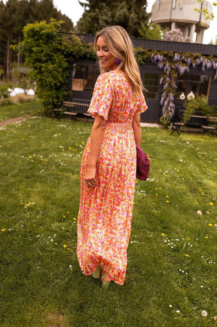 Roselyn | Women's Short Sleeve Floral Maxi Dress - Pink