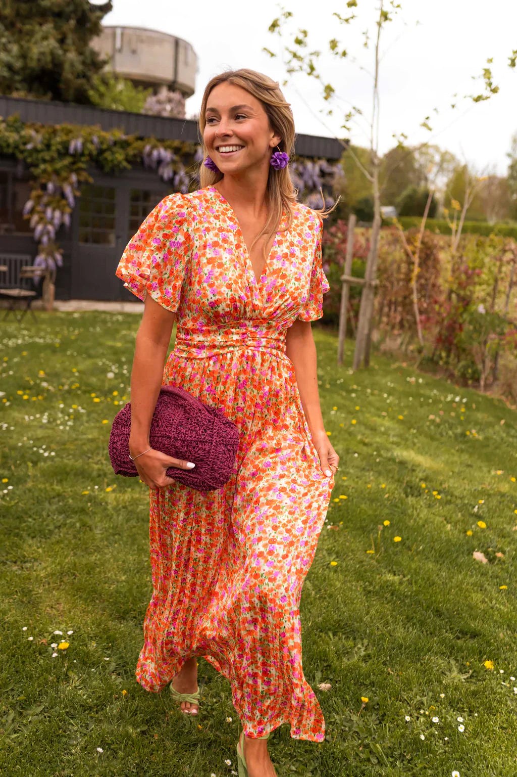 Roselyn | Women's Short Sleeve Floral Maxi Dress - Green