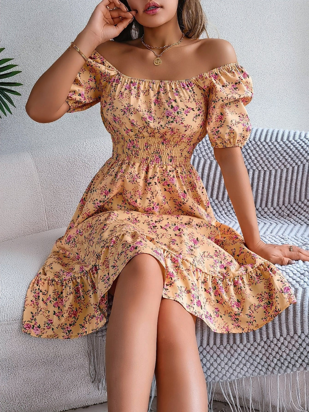 Ruby | Women's Floral Dress with Square Neckline, High-Waist Midi Dress | The Shrader Sisters