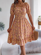 Ruby | Women's Floral Dress with Square Neckline, High-Waist Midi Dress | The Shrader Sisters