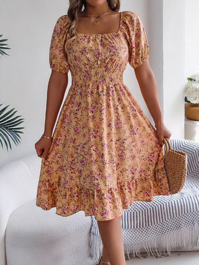 Ruby | Women's Floral Dress with Square Neckline, High-Waist Midi Dress | The Shrader Sisters