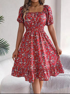 Ruby | Women's Floral Dress with Square Neckline, High-Waist Midi Dress | The Shrader Sisters