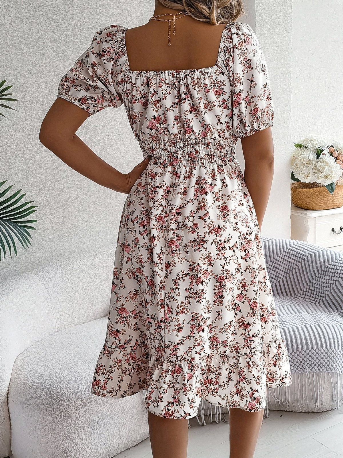 Ruby | Women's Floral Dress with Square Neckline, High-Waist Midi Dress | The Shrader Sisters