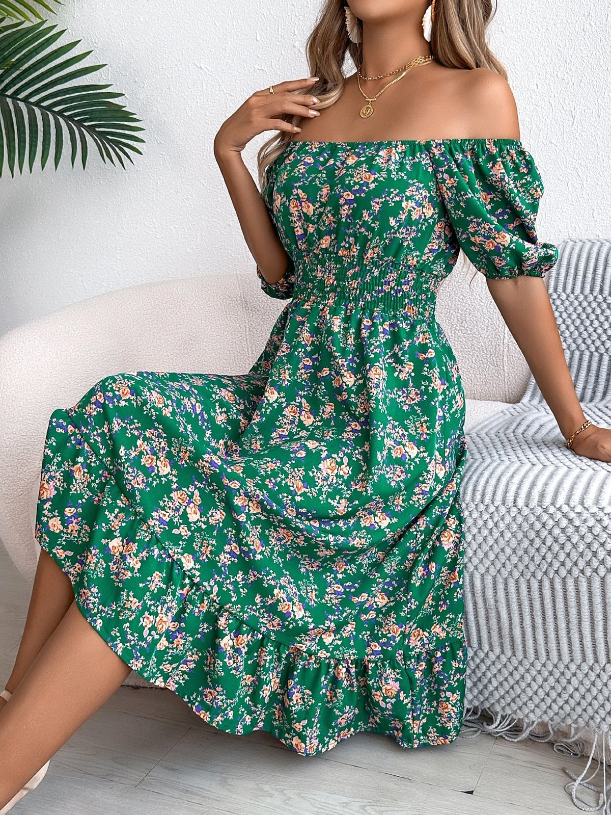 Ruby | Women's Floral Dress with Square Neckline, High-Waist Midi Dress | The Shrader Sisters