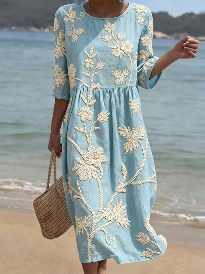Saffron | Women's Floral Round Neck Midi Dress - Blue