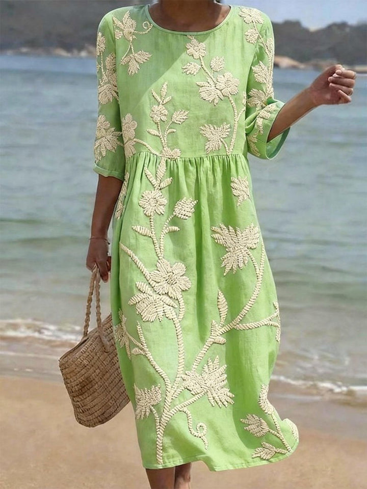Saffron | Women's Floral Round Neck Midi Dress - Yellow