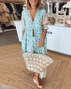Saskia | Women's Floral V-Neck Dress, Flowing Midi Dress | The Shrader Sisters | Blue