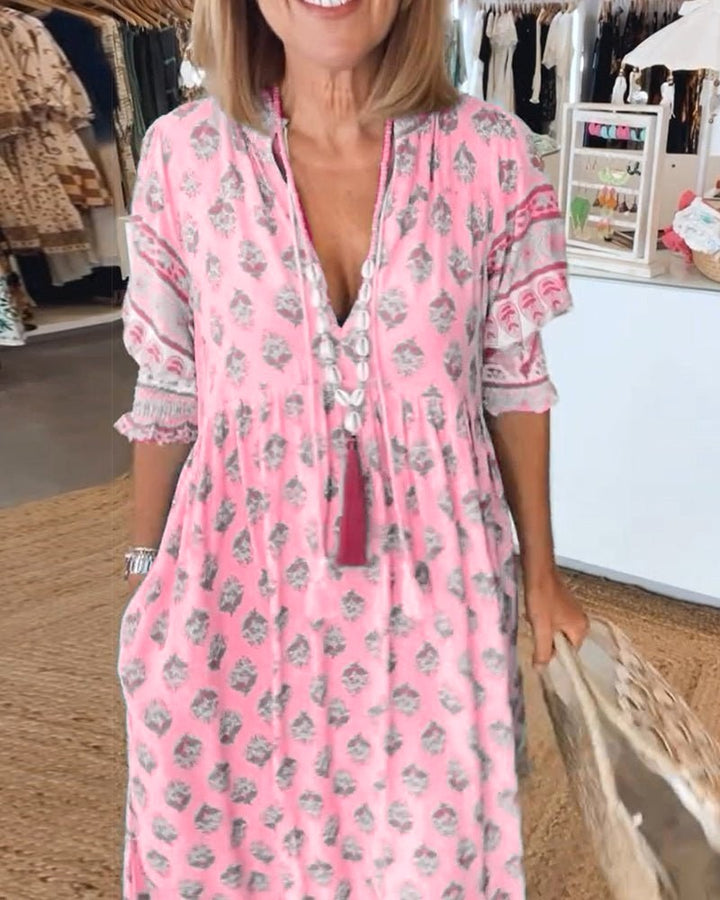 Saskia | Women's Floral V-Neck Dress, Flowing Midi Dress | The Shrader Sisters