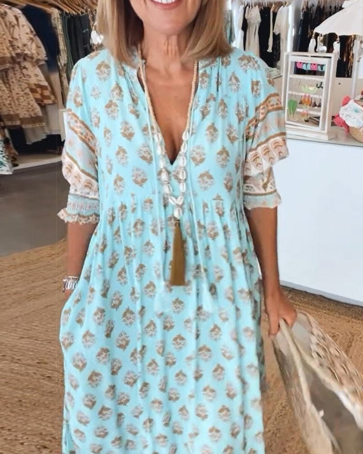 Saskia | Women's Floral V-Neck Dress, Flowing Midi Dress | The Shrader Sisters