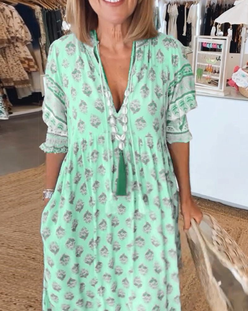 Saskia | Women's Floral V-Neck Dress, Flowing Midi Dress | The Shrader Sisters