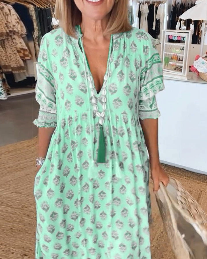 Saskia | Women's Floral V-Neck Dress, Flowing Midi Dress | The Shrader Sisters