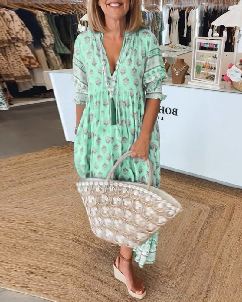 Saskia | Women's Floral V-Neck Dress, Flowing Midi Dress | The Shrader Sisters | Green