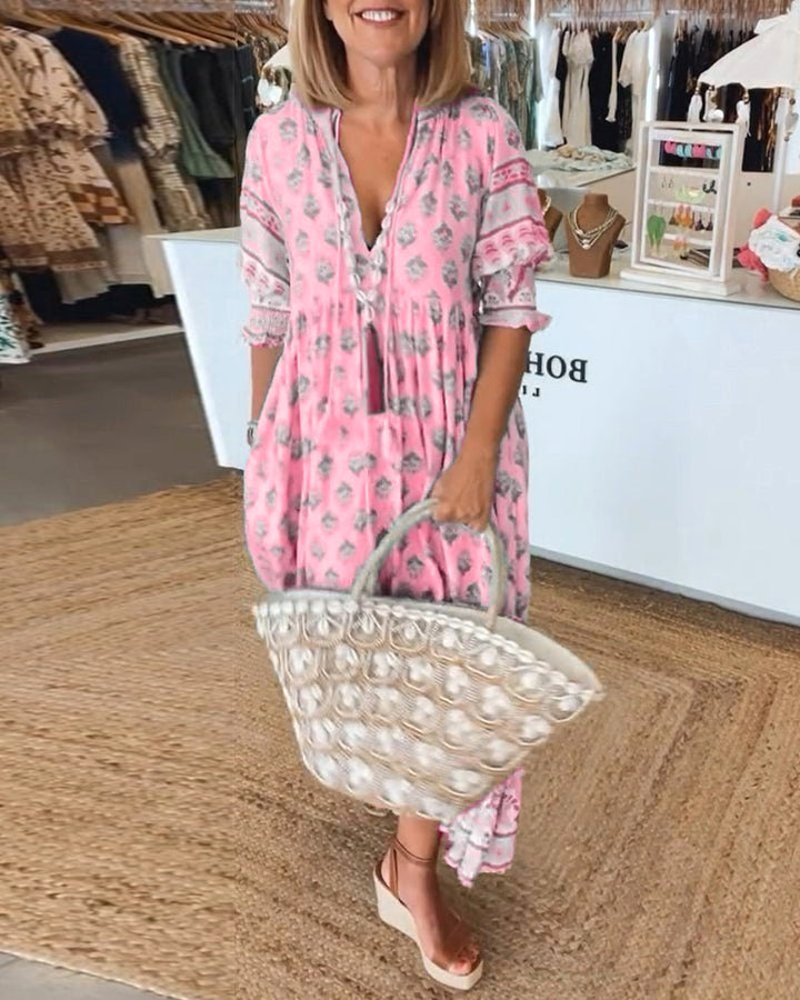 Saskia | Women's Floral V-Neck Dress, Flowing Midi Dress | The Shrader Sisters | Pink